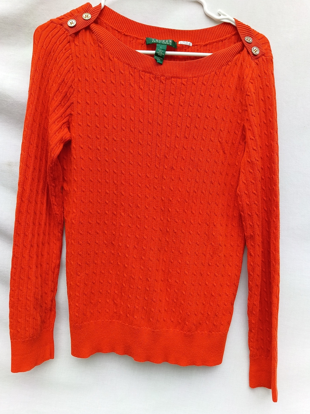 Ralph Lauren Bright Orange Cable-Knit Shoulder-Button Sweater Size Large Y2k